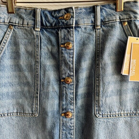 NWT $110 MICHAEL KORS WOMEN'S SKIRT 2 JEAN SKIRT MIDI GOLD BUTTON FRONT - Picture 2 of 7